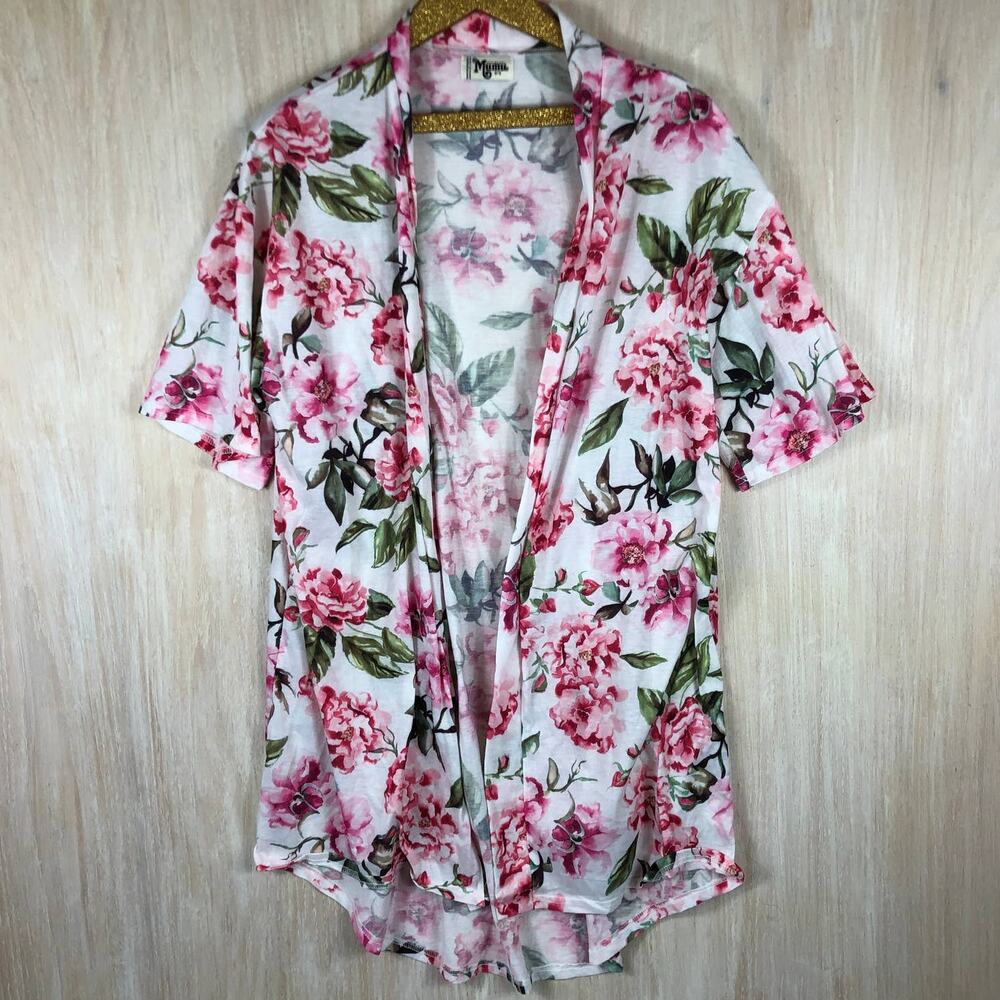 Show Me Your MuMu White Pink Floral Cover Up Open Cardigan Flowy Beach Summer OS
